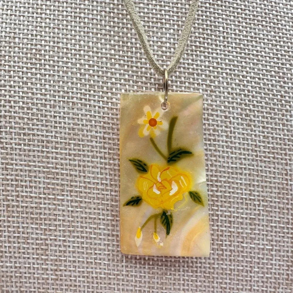 Vintage 90s Mother of Pearl Shell Hand Painted Yellow Rose Pendant Cord Necklace